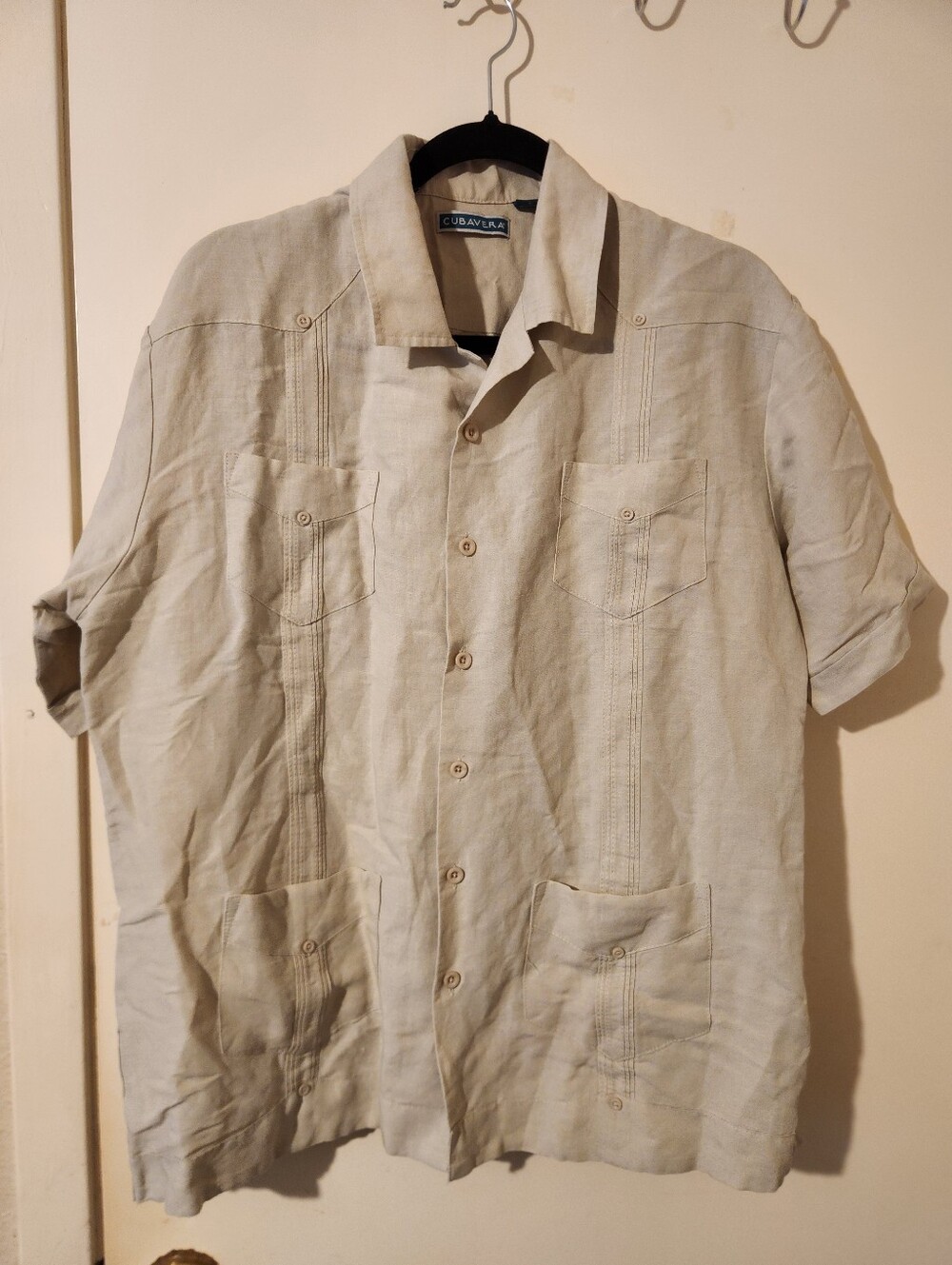 Cubavera Light Beige Linen-Blend Guayabera Button-Down Shirt Sz Large